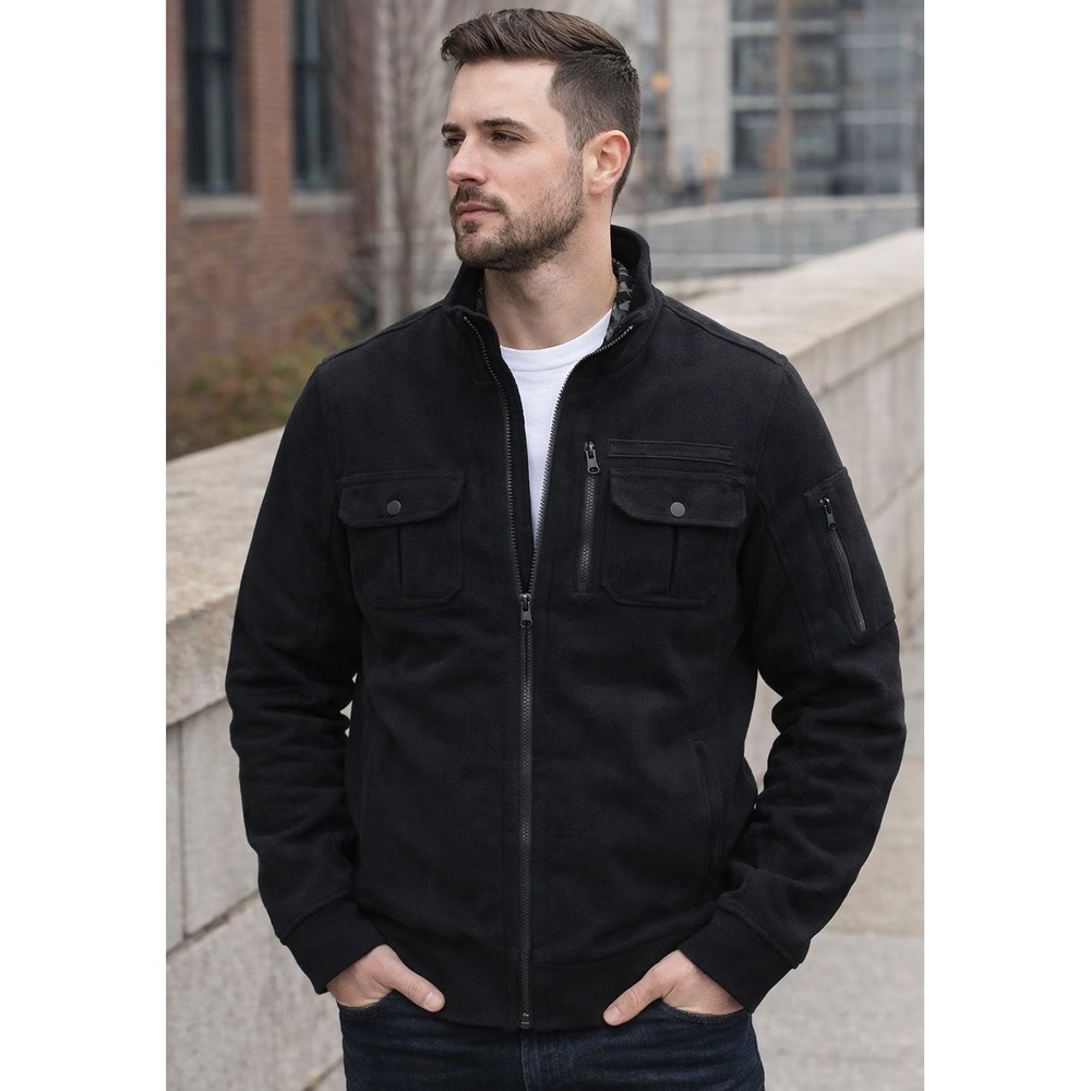 Rock & Republic Jacket Shacket Men's Med Black Fleece‎ Camo Lined Pea Coat
